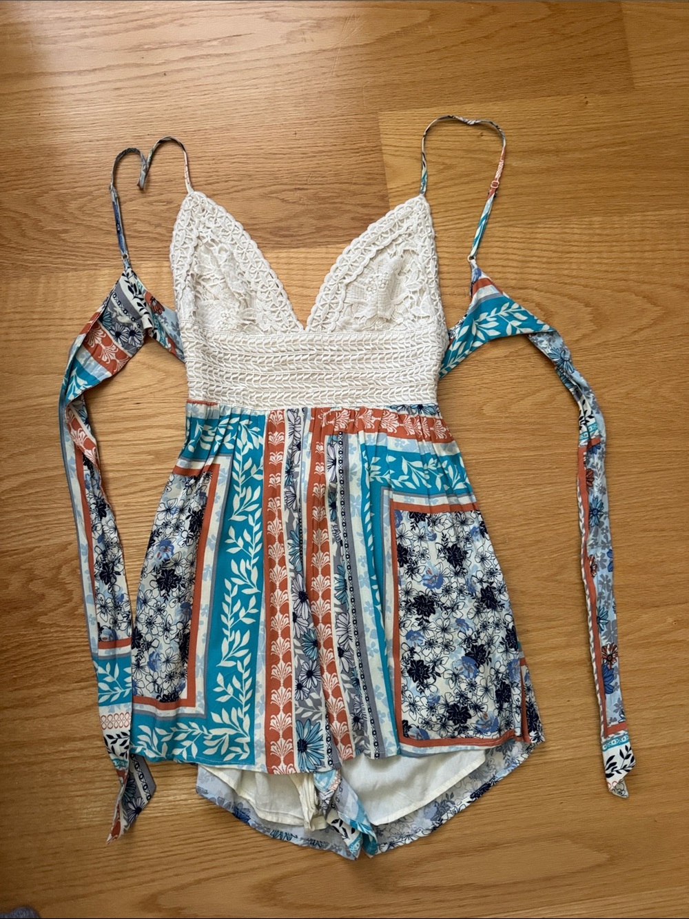 Boho Crochet Top Romper with Teal & Rust Patchwork